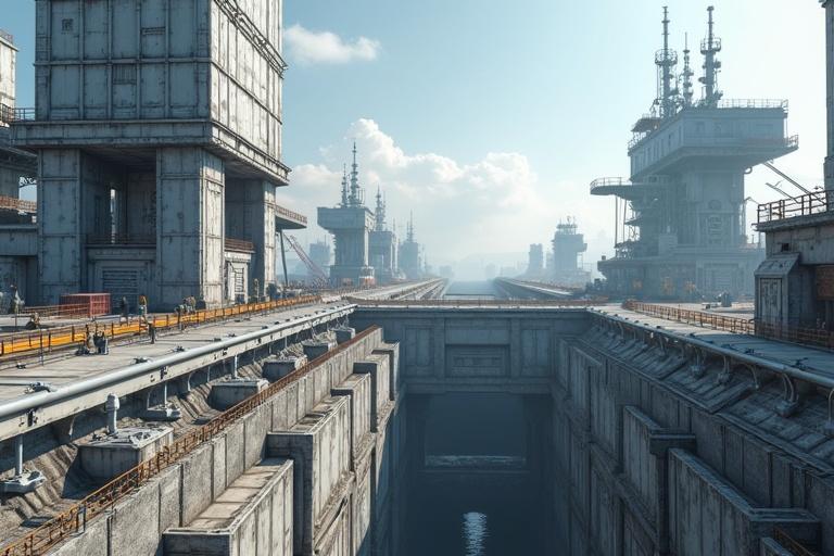 Detailed image of a grey sci-fi shipyard military base. Features include blocky bevel greeble designs, pipelines, metal steps in towers, ladders, a huge deep construction pit, small doors, a metal bridge, an underpass, metal floors, and a wide landing platform. Includes metallic towers and small people under a sunny white blue sky.