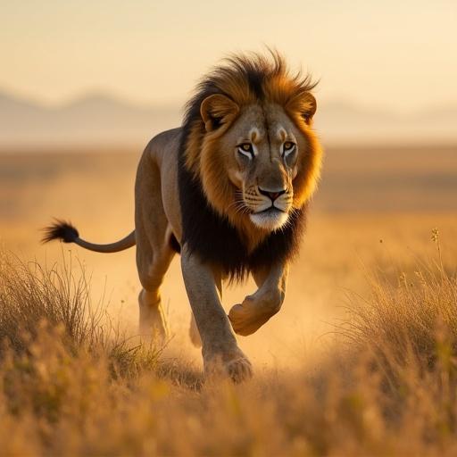 Lion running through the savannah chasing prey in warm sunset light.