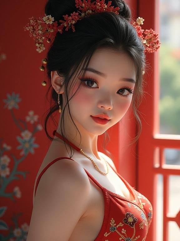 Chinese girl with traditional style and elegant appearance. The image showcases a close-up of her face, adorned with floral decorations in her hair. The background is a vivid red with floral patterns.