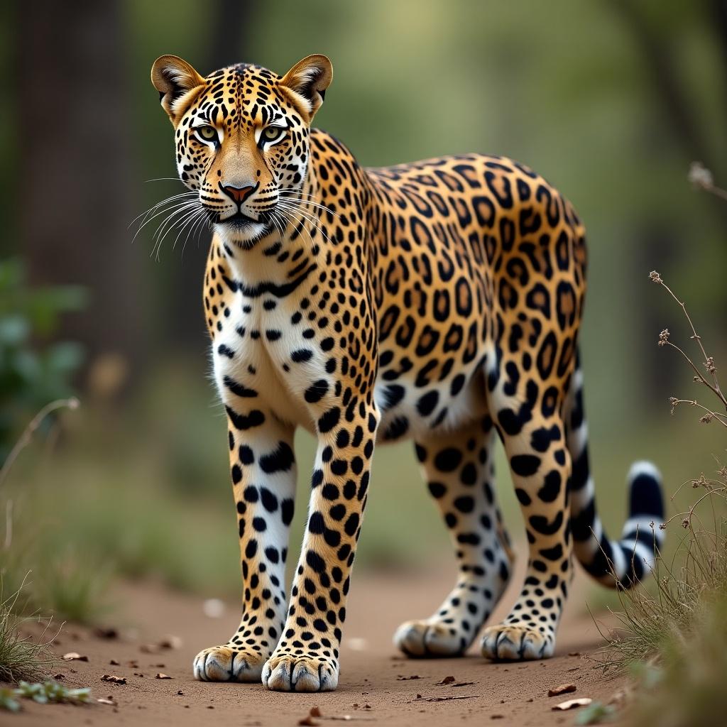 Leopard standing on a dirt path in a natural setting. The leopard has a striking coat pattern with large black rosettes. Surrounding vegetation is blurred softly to highlight the leopard.