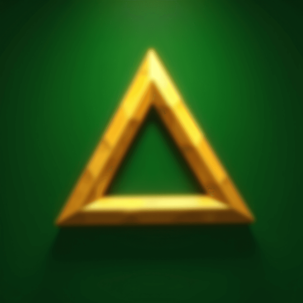 A golden triangular symbol with a wooden texture set against a dark green background.