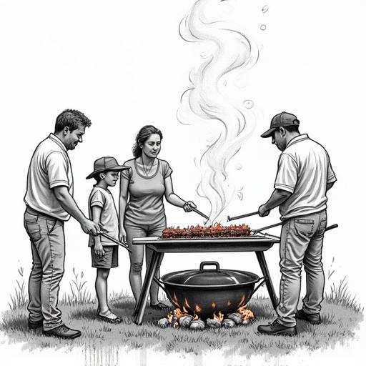 Line drawing of family cookout featuring four individuals around a grill with smoke rising from food