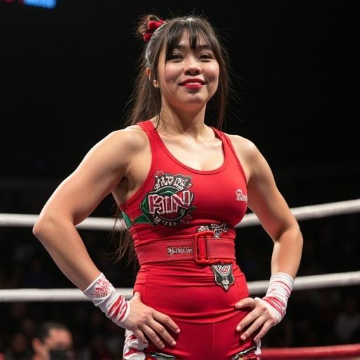 HIMAWARI wrestler competes in Tokyo Women's Pro Wrestling. Wrestler wears a red outfit with green accents. Strong physique and determined expression. Wrestling ring and audience visible in the background.