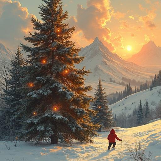 A beautiful winter landscape with a decorated evergreen tree. Lights are glowing on the tree. Mountains are in the background. Sunset is casting an orange hue in the sky. Snow is covering the ground. A person is walking on the snowy path. The scene feels serene and festive.