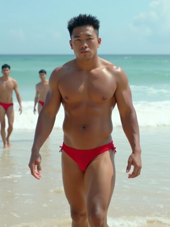 Young muscular Asian male in red bikini walking on the beach. Front view. Bright natural lighting. Cinematic aesthetic.