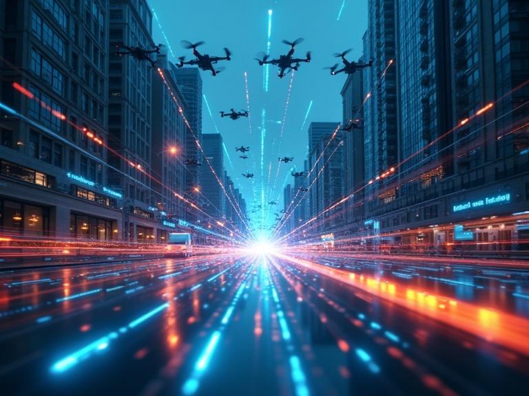 A city pulses with bright 5G signal waves. Autonomous cars and drones connect in real time. Vibrant city lights create a futuristic atmosphere.