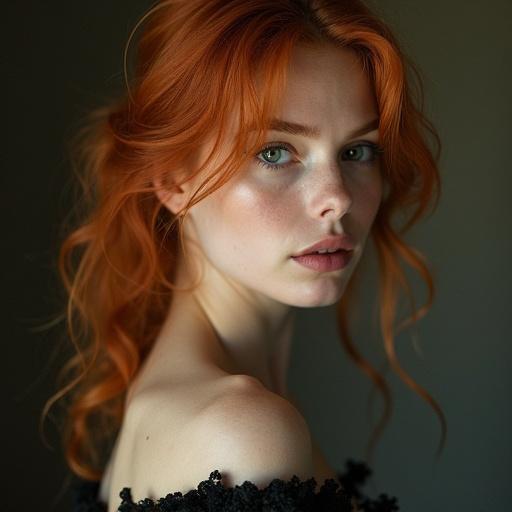 A woman in her 20s with striking ginger hair is depicted in a close-up portrait. The focus is on her shoulder and hair with an ethereal and timeless allure. She embodies a rustic beauty with an exotic charm. The image captures the essence of soft elegance and artistic expression.