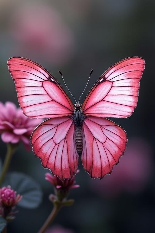 Close-up of a butterfly with dark pink and white wings sitting on flowers. Soft blurred background. The butterfly is the main focus. The delicate details of wing patterns are visible.