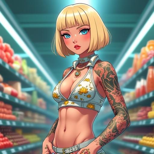 Anime woman with frosted blue eyes and oversized light blonde blunt bob. Wearing Gucci printed streetwear. Half Japanese and half Saiyan features. Muscular arms and 6 pack abs. Colorful tattoos with golden lotus prints. Shopping in a luxurious grocery store.