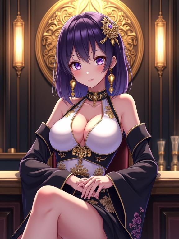 Highly detailed vibrant anime-style illustration. Fair-skinned lady with dark violet hair and gold kanzashi. Large expressive eyes with violet irises. Striking white and black outfit with gold floral patterns. Seated gracefully in luxurious bar with warm glow.