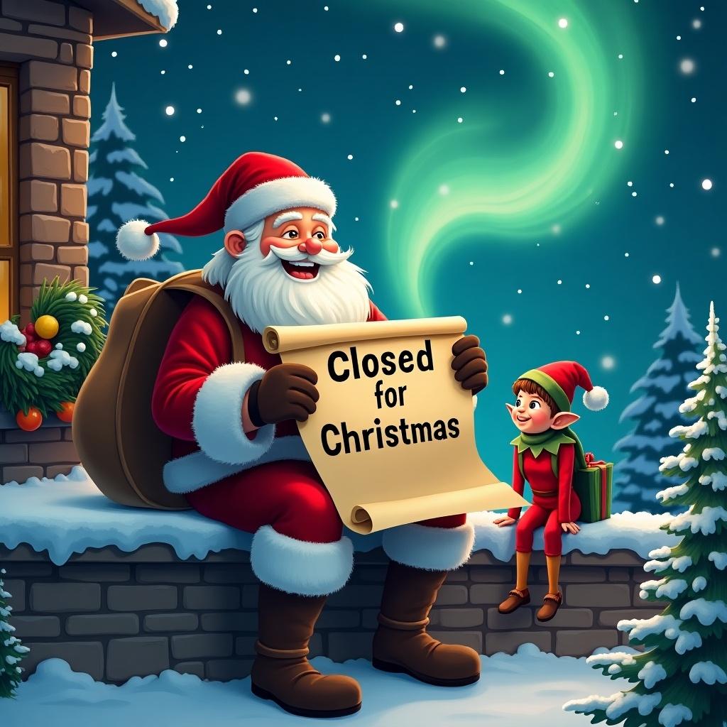 Cozy winter scene features Santa Claus holding a scroll that says closed for Christmas. An elf is sitting beside him in a festive setting. Snow-covered trees and twinkling lights in the background create a magical holiday atmosphere.