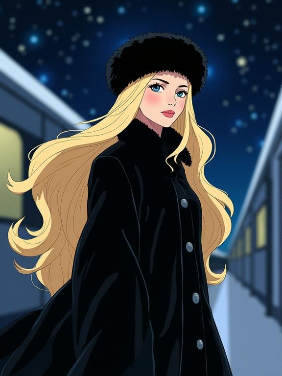 A beautiful space traveler American woman with long flowing blonde hair wearing a long black fur coat and a fur hat. She has mysterious melancholic eyes and a graceful ethereal appearance. Starry outer space background with soft lighting. Anime style, elegant and nostalgic mood, Leiji Matsumoto style, full body, on a cosmic train platform.