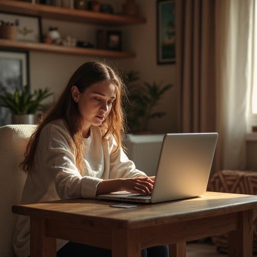 Portrait of a young woman working on a laptop in a cozy living room. Natural light illuminates the space. Earthy tones fill the room. The ambiance is peaceful and inviting.