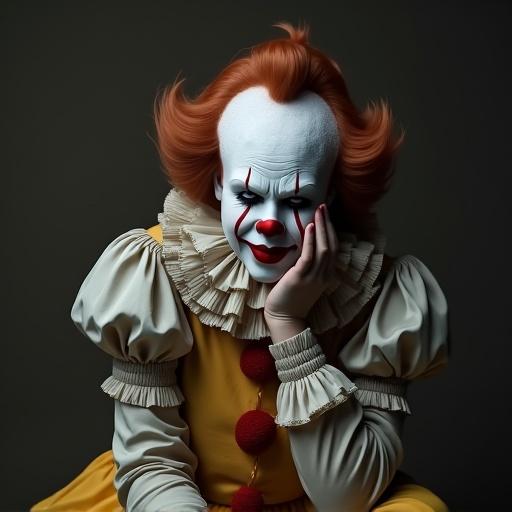 Sad clown crying holding face with hands sitting in simple old clothes in realistic 9-16 format.