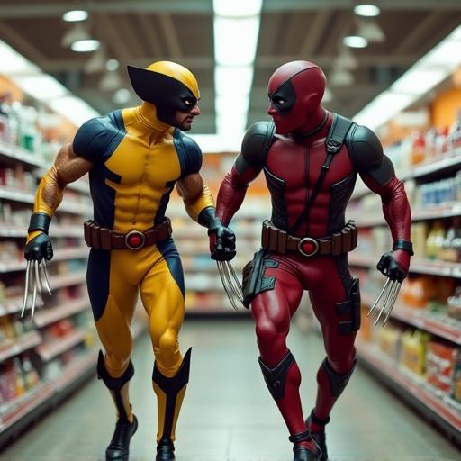 Wolverine and Deadpool are dancing enthusiastically in a brightly lit supermarket aisle filled with products. They hold hands and showcase their iconic costumes.