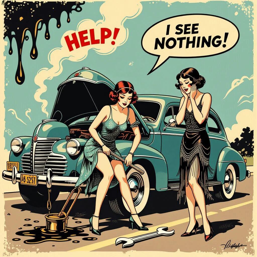 Art depicting a vintage roadside scene featuring 1928 elements. Car appears in distress with oil dripping beneath it. One woman is fixing the car while wearing a dress, only her legs visible, with high-heeled shoes. Another woman stands beside with despair, hands on her cheeks. Comic-style text bubble says: 'I see NOTHING!'. The artwork resembles a 1920s newspaper comic, using ink lines, flat colors, and halftone patterns. Color scheme includes warm sepia tones and teal accents.