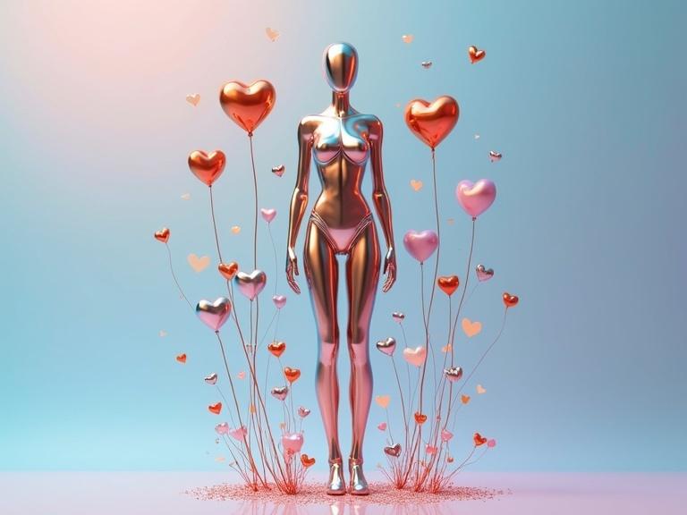 A sleek metallic naked woman stands proudly against a polished metal background. The body has blue, white, orange, gold, and silver tones. Gold elements have a warm lustrous finish. Silver adds a contrasting sheen. Tiny silver, orange, pink, and gold hearts surround the woman in varying sizes. The background features blended pastel colors of pale blue, soft pink, and lilac, enhancing the scene.