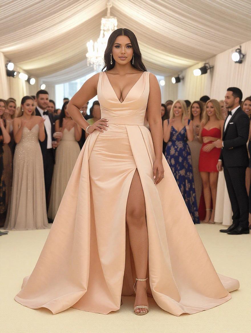 Image of a beautiful bride at a lively wedding party. She has a curvy figure and is wearing a revealing peach wedding dress. Guests are visible in the background enjoying the event.