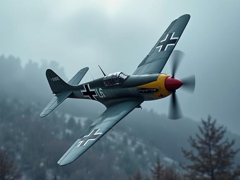 Fw 190 model flying in bad weather. Overcast sky and misty background. Photorealistic representation.