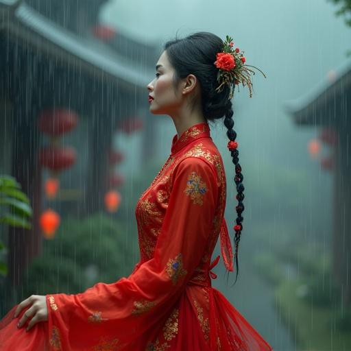 Chinese woman with long hair in traditional attire singing in the rain. The scene features a blurred background of Chinese architecture. Red flowers adorn the woman's hair. Rain falls softly making the atmosphere appear mystical and serene.