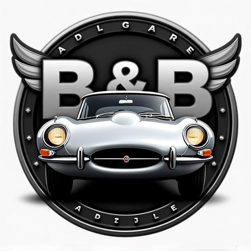 Logo for B&B Automobiles features a silver Jaguar E-Type in front of mirrored B letters. Stylish and modern design with chrome and black colors. The car has its headlights on. Background is simple to emphasize the logo.