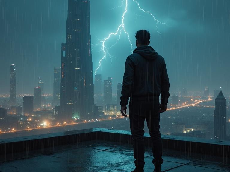 A young man stands on a rooftop with futuristic clothing during a stormy night. Rain falls heavily as a lightning bolt strikes near the megastructure amid a desert landscape.