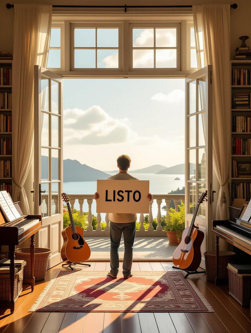 A person stands in a sunlit room filled with books and musical instruments. They look at a scenic view outside the large windows. The person holds a sign reading 'LISTO.' The atmosphere feels warm and inviting.