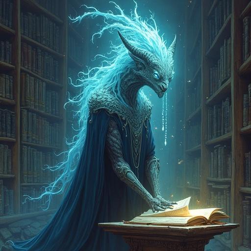 Aequorian character in a fantasy book. Vague and undefined shape, glowing appearance. Ancient and destructive presence. Mysterious and vengeful aura. Arcane powers and longevity depicted. Vulnerable to human emotions. Sealed for centuries under a library.