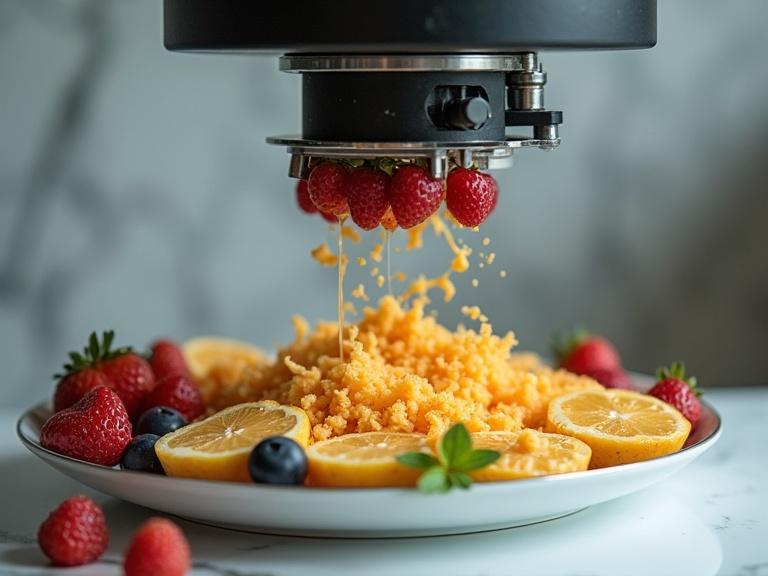 3D food printer creates visually appealing breakfast with healthy ingredients. Breakfast includes strawberries, blueberries, lemon slices, and cheese.