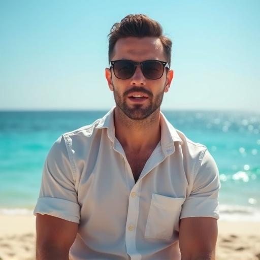 A realistic photo of a real estate consultant by the beach in North Coast Egypt. He wears a stylish summer outfit. He appears confident and engaged as if filming a real estate video. The background shows a bright sunny day and a clear blue sea.