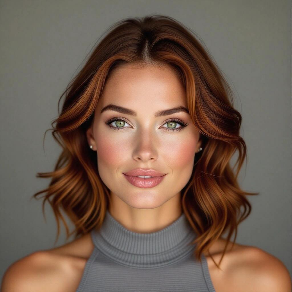 A photorealistic headshot portrait of a woman with rich auburn hair styled in waves. She has green eyes, fair complexion, and subtle fine lines. Her features are symmetrical, lips are neutral-toned with a smile. She wears a gray bodysuit and poses in a studio against a gray background with even lighting.
