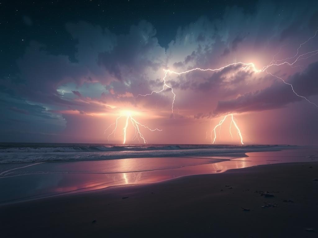 This captivating image captures a dramatic nighttime scene at a beach, with vivid lightning bolts illuminating the sky. The dark, brooding clouds contrast with the brilliant flashes of light, casting reflections on the wet sand and ocean water. The composition evokes a sense of awe and power, highlighting nature's raw and unpredictable beauty.