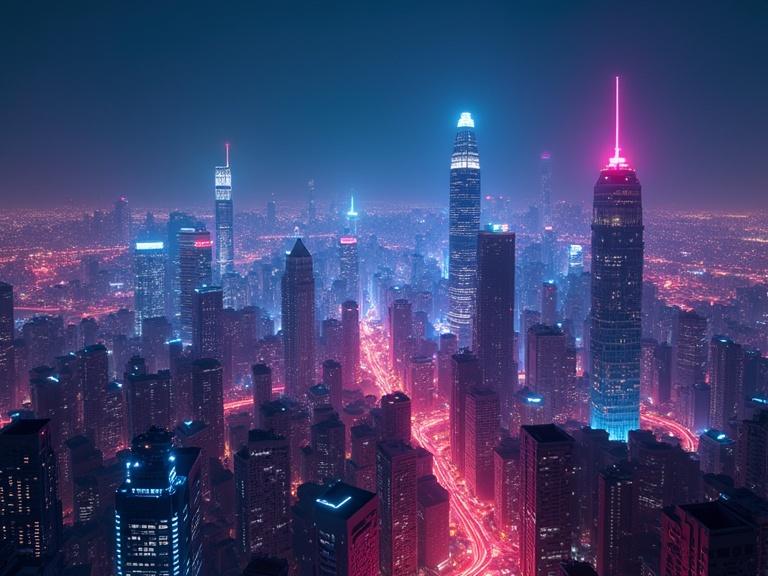 Futuristic cityscape illuminated by neon lights at night. Unique light painting style is used to create a vibrant effect. Skyscrapers with illuminated tops. Aerial perspective highlights the urban landscape.
