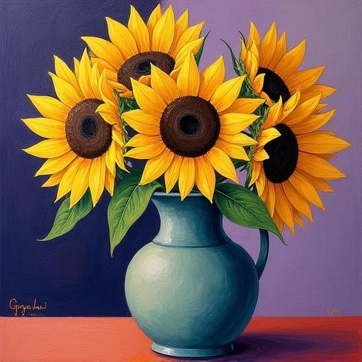 Still life of sunflowers in a vase. Acrylic on canvas. Post-impressionistic style. Artist influenced by Paul Gauguin. Detailed with bold outlines and flat color planes. Intense yellows and deep purples featured. Soft ambient light enhances the scene.