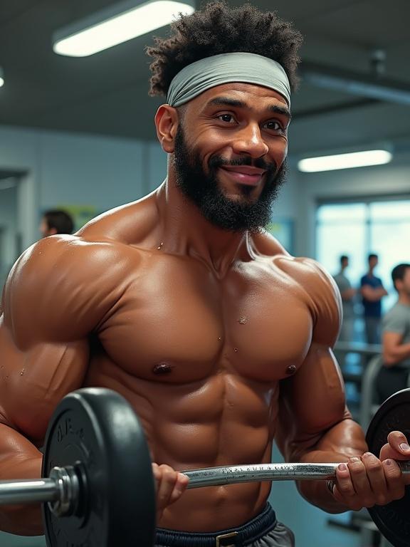 Ultra-fit enthusiast lifts weights in gym. African-American male, age 28, has extremely toned body and determined look. Wearing gym attire and a sweatband. Features exaggerated head and intense workout expression. Vibrant highlights and whimsical style. Bustling gym background.