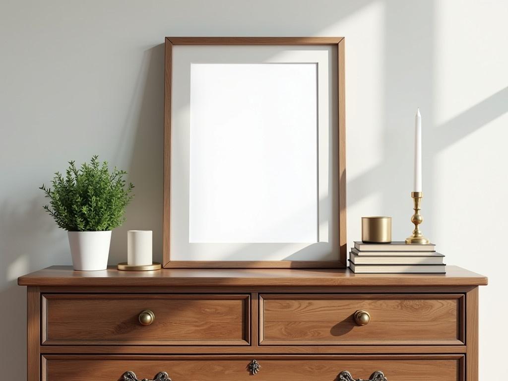 Create a mock-up of a poster frame placed on a vintage chest of drawers. The scene is set in an interior space, giving a cozy feel. The frame should be prominently displayed in a direct view, making it the focal point of the image. Surrounding the frame, include decorative elements like a small potted plant for a touch of greenery. Add a few stacked books and a candle to enhance the styling of the chest.