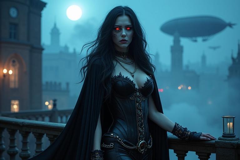 A seductive steampunk vampire queen stands on a gothic balcony under a full moon. Long wavy black hair and glowing red eyes are noticeable. She wears a tight corset-style dress with intricate lace and leather. A long dark cape flows behind her. Her outfit features metallic gears and gothic jewelry. A high-tech monocle glows faintly. The background shows a Victorian cityscape with foggy towers and airships. Her expression is regal and dangerous. Light casts an eerie blue glow on pale skin. Suggests a dark, elegant, cinematic feel with gothic and steampunk aesthetics.