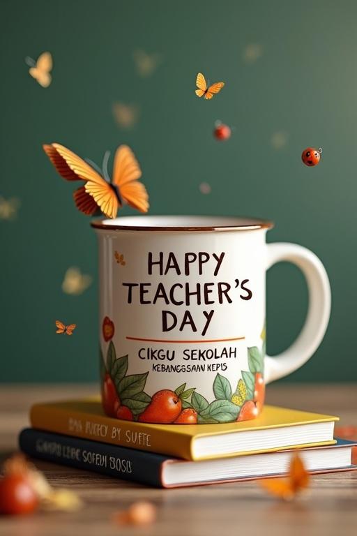 Realistic photography of a big mug with a nature pattern. A book, ladybug, and butterfly are present. A beautiful Malay lady in a hijab is featured. Text reads 'HAPPY TEACHER’S DAY CIKGU SEKOLAH KEBANGSAAN KEPIS'.