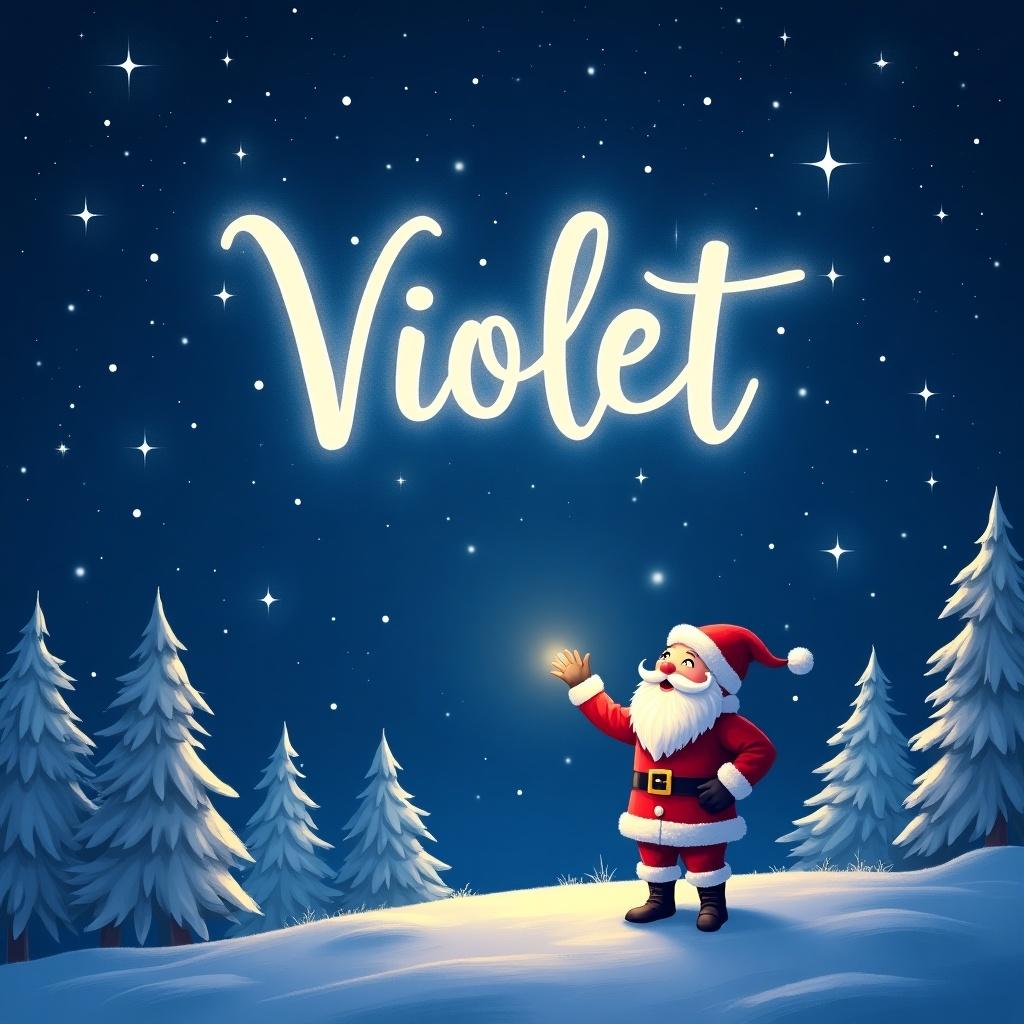 An enchanting and magical scene where Santa is in a winter setting. He is joyfully writing the name 'Violet' in the night sky with a soft glowing light. Surrounding him are snow-covered trees under a starry sky. The atmosphere is festive and filled with holiday cheer. Santa wears his traditional red suit and hat, bringing joy and magic to the scene.