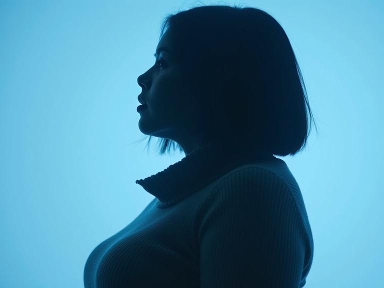 Silhouette shows side profile of a figure with bob hair facing left. The person wears a high-collar ribbed sweater. Background is a soft blue. The figure is shadowed, creating a contrast with the backdrop. The upper body is highlighted, presenting a strong and serene stance. A minimalist and contemplative atmosphere is established.
