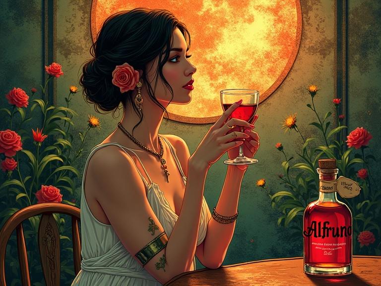Stylized advertisement depicting a 1920s speakeasy scene. A radiant voluptuous woman toasts with a shimmering reddish herbal liqueur. Surrounding are wildflowers and herbs. A prominent spirit bottle labeled 'ALFRUNO' is featured. The atmosphere is serene and elegant with lush green plants. Mood evokes pleasure and seduction.