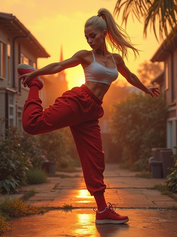 Dancer performs high kick in backyard at sunset. Warm colors glow around her. Sweat beads on her body. Strong muscles highlighted. Realistic cartoon style. Flowy hair sways with movement.