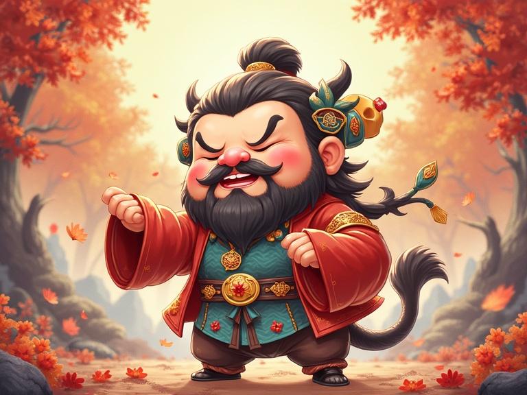 A cartoon character with a large beard and a joyful expression stands amidst autumn leaves. The character wears traditional clothing with decorative elements. The background features a soft autumn landscape with trees.