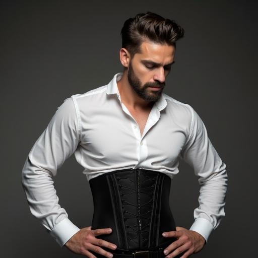 Man wearing a white shirt and a black corset. Captivating pose with a thoughtful expression. Outfit details highlight the contrast between the shirt and corset.