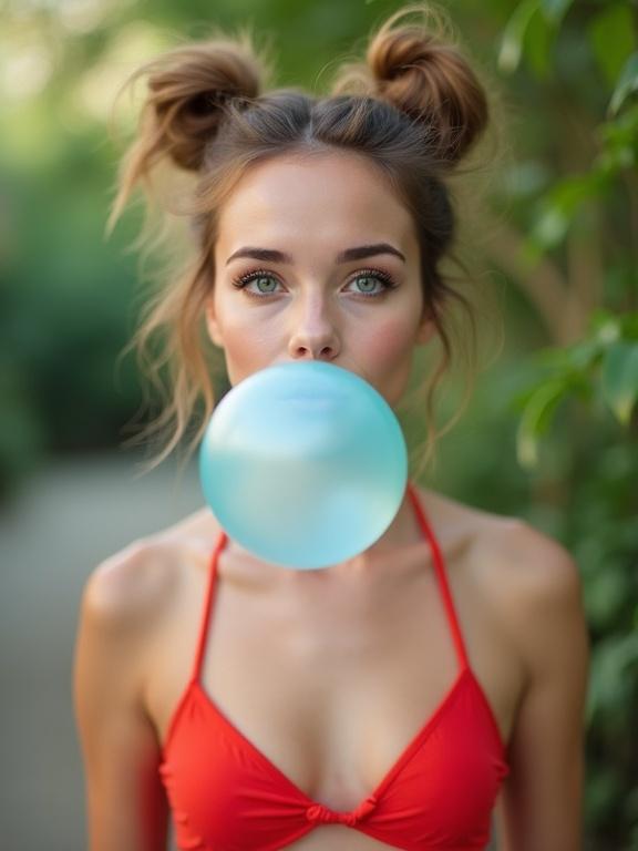 Photograph of a woman blowing a large bubblegum bubble. Woman in late twenties with fair complexion and light blush. Striking light blue eyes framed by thick eyebrows. Hair styled in two high messy buns with loose strands. Wearing a bright red bikini top. Background is blurred with green foliage. Gentle natural light highlights her features and bikini. Bubblegum bubble is translucent with a blue tint. Captures a playful expression and carefree joy.