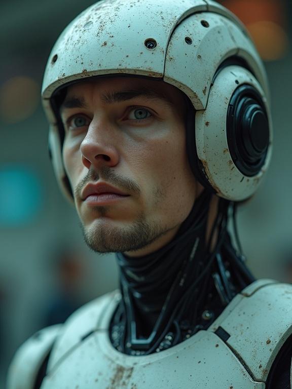 Candid photo of a man embodying AI. Man looks at camera with a thoughtful expression. Shot from head to torso. Image shows low quality caused by damaged camera. Lighting is poor and creates harsh shadows. The colors are washed out. Vertical aspect ratio.