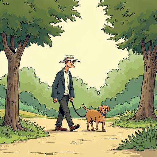 Artwork depicting a man walking in a park accompanied by a dog. Green trees and lush scenery surround them. The path leads through a serene outdoor environment.