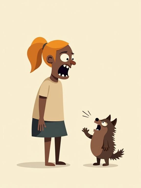 Angry girl yelling at a small furry dog. Minimalist vector art illustrating diverse characters with exaggerated proportions. Simple, playful design featuring bright colors.