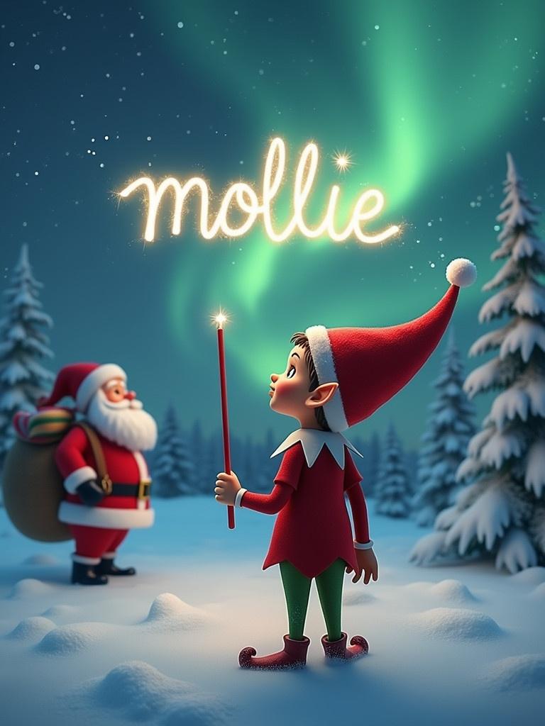 Enchanting Christmas scene featuring an elf gazing upwards. Elf uses a wand to write the name 'mollie'. Background with northern lights and Santa Claus. Snow covers the ground. Captures holiday joy and wonder.