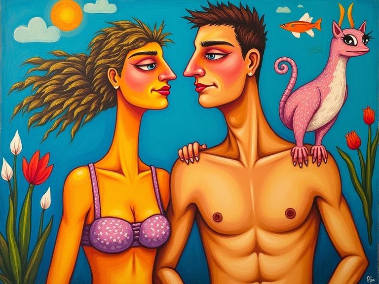 Colorful and whimsical folk-art-style painting featuring a woman in swimwear and a man alongside a creature on the man's shoulder. The artwork is bright with naive details and flat lighting. Evokes a sense of childlike imagination.